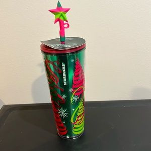 NWT Starbucks 2023 Holiday Ribbons & Trees Star Silicone StrawTopperTumbler